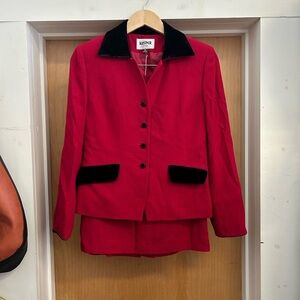 Kasper 90s Power Skirt Suit Mob Wife Red with Black Velvet Accents - size 6P